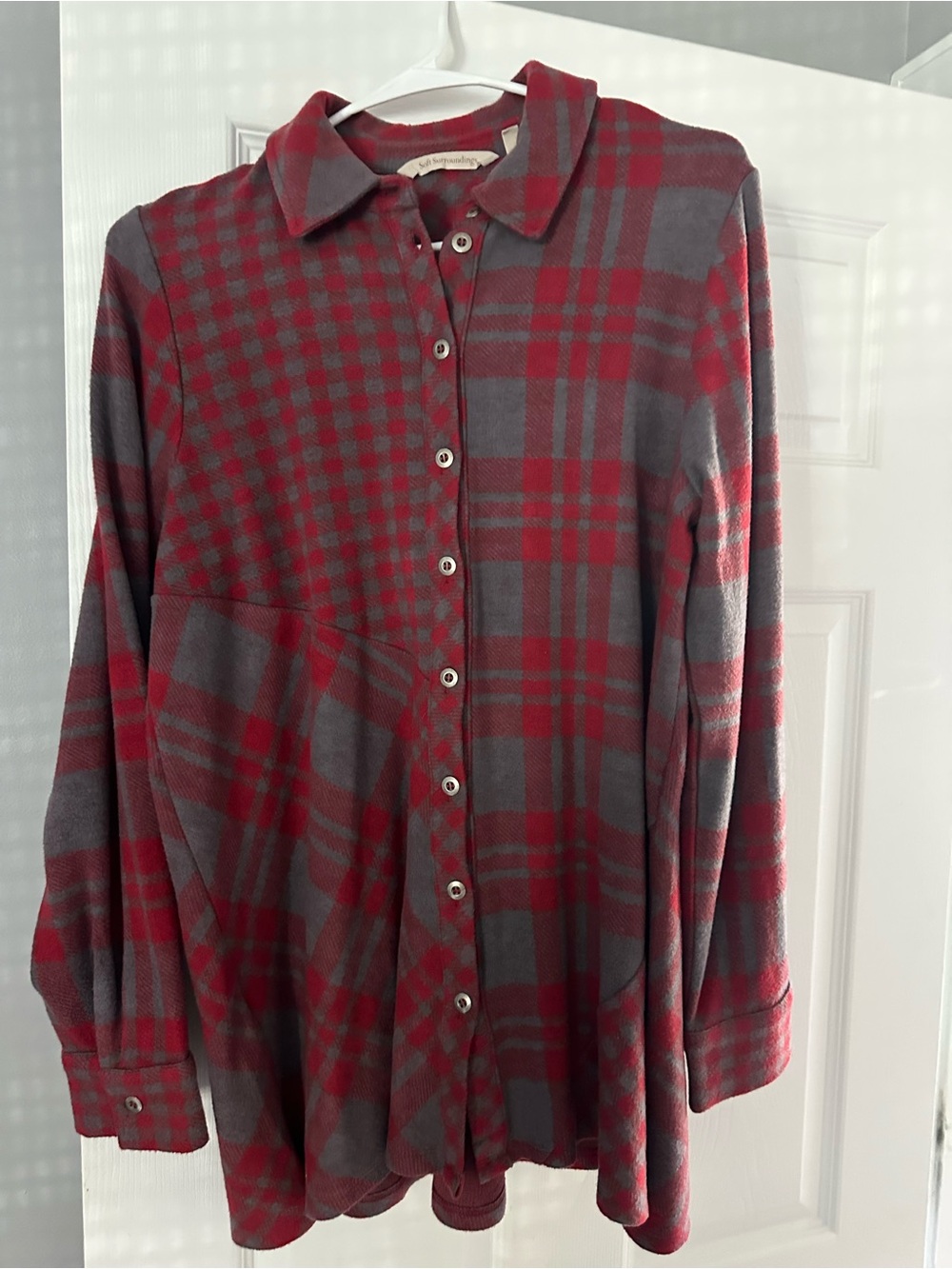 Soft Surroundings Red and Gray Plaid Button-Down Shirt